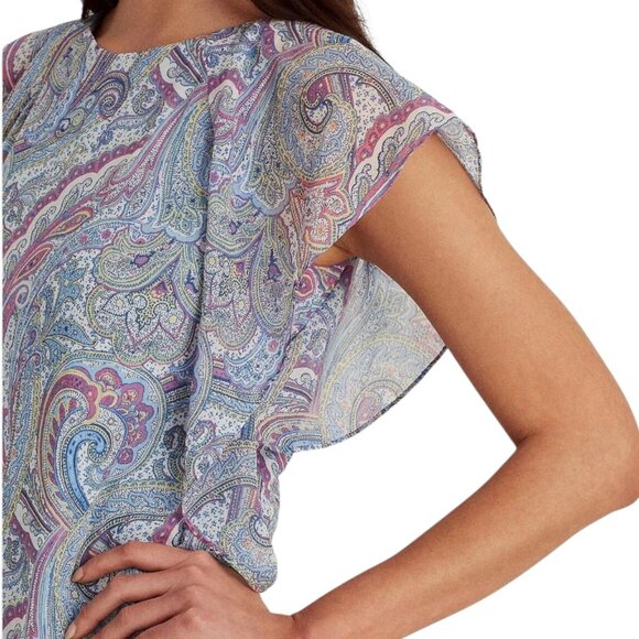 Ralph Lauren Paisley Print Black Label Ruffle Flutter Sleeve Dress Women 10 Blue - Picture 3 of 13